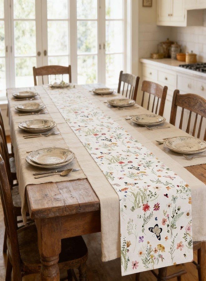 OFDNE Spring Floral Table Runner, Wildflower Butterfly Bee Decorations for Home Summer Kitchen Dining Home Party Decorations Table Decor 13x72 Inch - Image 4