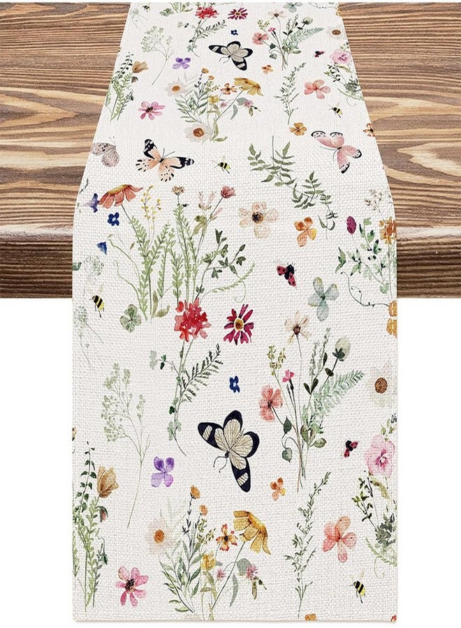 OFDNE Spring Floral Table Runner, Wildflower Butterfly Bee Decorations for Home Summer Kitchen Dining Home Party Decorations Table Decor 13x72 Inch - Image 1