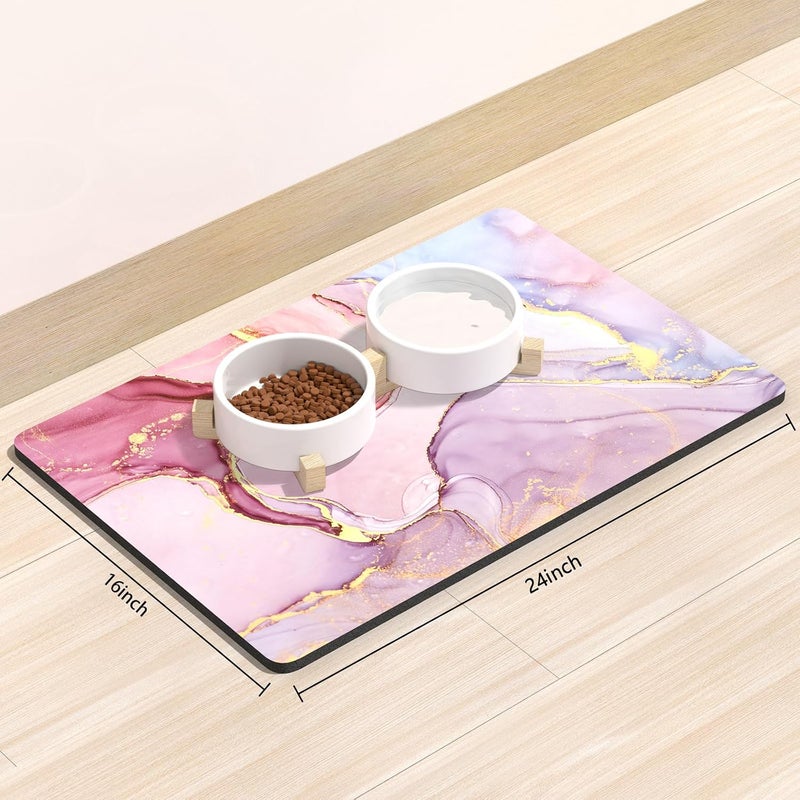 Rnivvi Dog Food Mat, 16" x 24" Marble Absorbent Dog Cat Bowl Mat for Food and Water, Cute Anti-Slip Rubber Pet Feeding Rug Protect Floors, Puppy Placemat for Feeding & Watering Supplies, Pink - Image 2