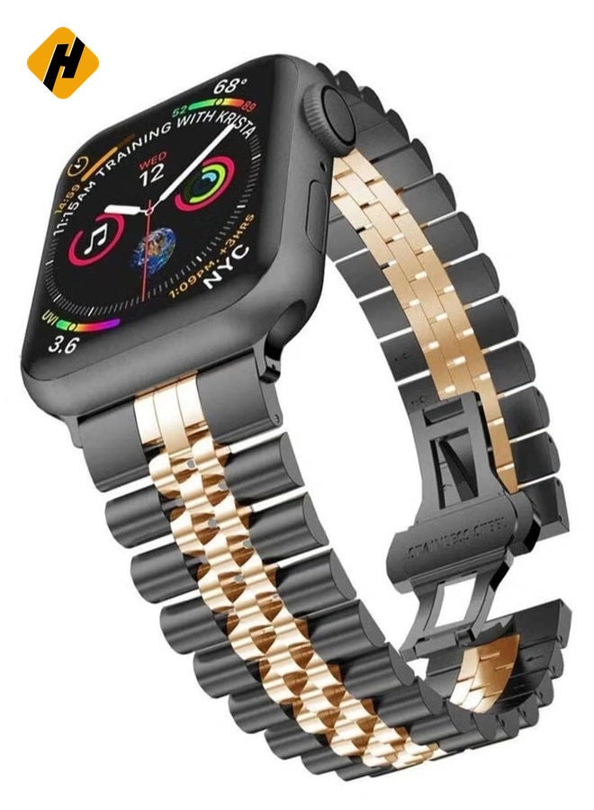 HuHa Replacement Band Compatible with Apple Watch Ultra 49mm 45mm / 44mm / 42mm, Stainless Steel Solid Strap Metal Bracelet for Apple Watch Series 8 7 6 5 4 3 2 SE (Black+Rose Gold)  - Image 1