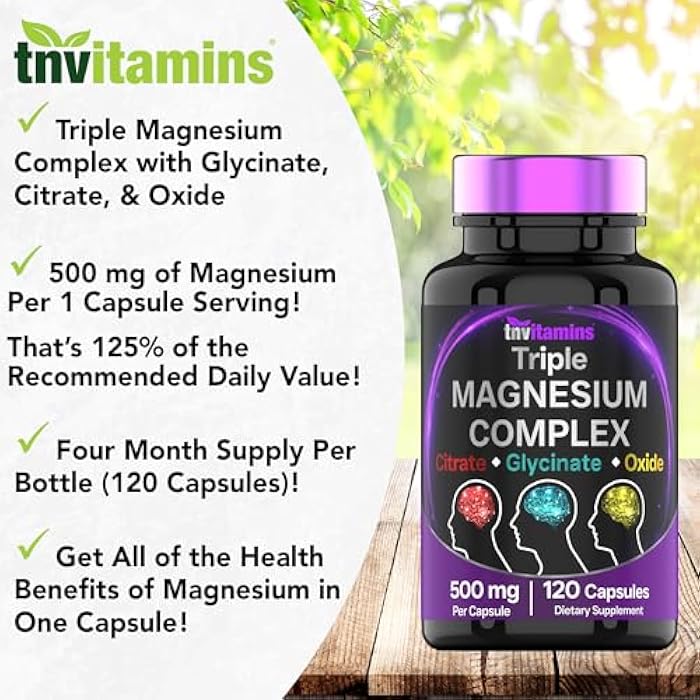 tnvitamins Triple Magnesium Complex Supplement 500mg: Magnesium Glycinate, Citrate, & Oxide - 120 Capsules (4 Month Supply!) | 1 Capsule Serving Provides 125% Daily Value | Non-GMO, Made in The USA! - Image 3
