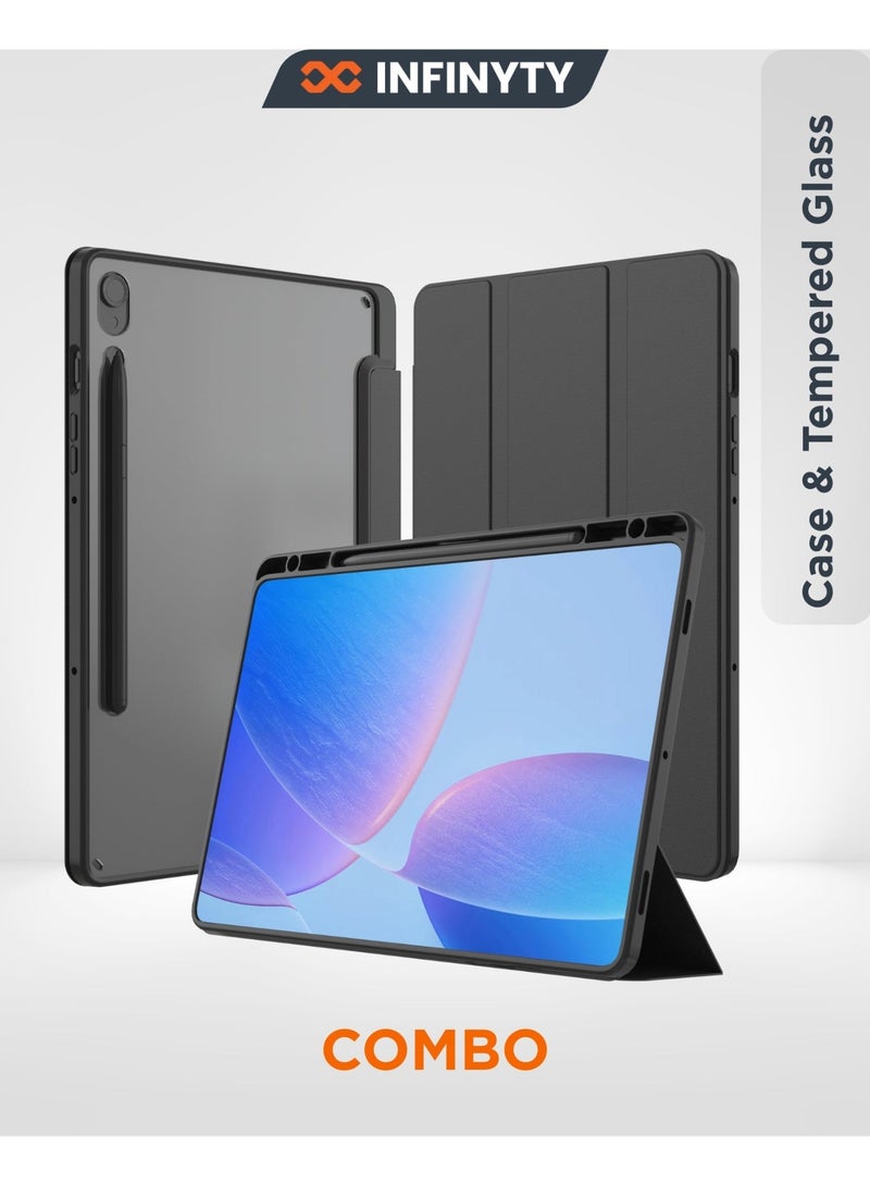 INFINYTY Galaxy Tab S10FE Clear Tempered Glass & Back Case Bundle- InfiDuo Black, 360° Protection, Auto/Sleep Wake, Stylus Holder, Lightweight, Magnetic Closure, Multi-Angle Viewing, Durable with 9H Hardness, Scratch-Resistant Tempered Glass with HD Clarity - Image 1