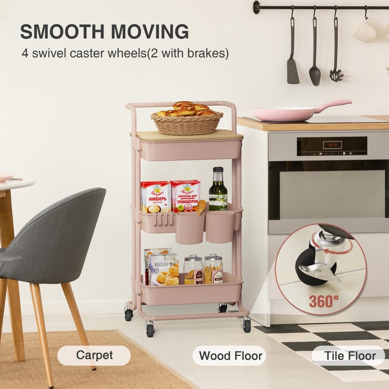 DTK 3 Tier Rolling Utility Cart with Cover Top Board, Movable Kitchen Storage Cart Trolley with Lockable Wheels, Cups, Hooks for Kitchen Bathroom Home Office Art Craft Storage and Organization(Pink) - Image 4