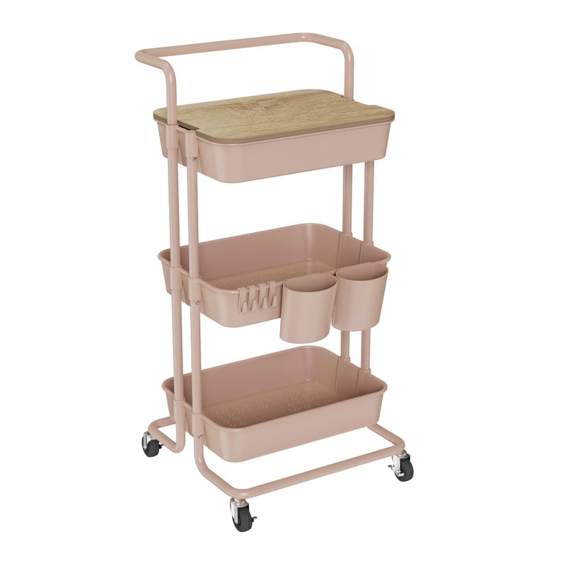 DTK 3 Tier Rolling Utility Cart with Cover Top Board, Movable Kitchen Storage Cart Trolley with Lockable Wheels, Cups, Hooks for Kitchen Bathroom Home Office Art Craft Storage and Organization(Pink) - Image 1