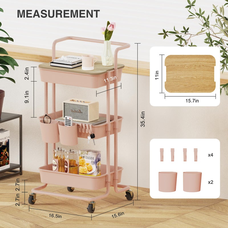 DTK 3 Tier Rolling Utility Cart with Cover Top Board, Movable Kitchen Storage Cart Trolley with Lockable Wheels, Cups, Hooks for Kitchen Bathroom Home Office Art Craft Storage and Organization(Pink) - Image 2