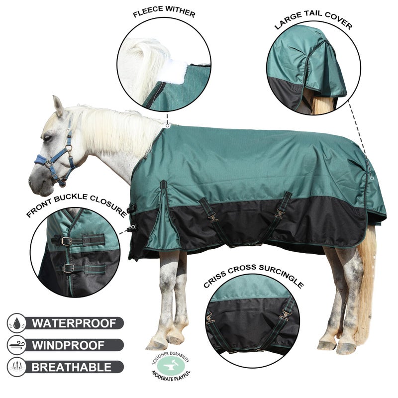 Gallopoff 1200D Ripstop Waterproof Breathable Horse Blanket (200g Fill), Medium Weight Warm Winter Turnout, Thermal Protection for Cold & Snow Greenblack 78" - Image 2