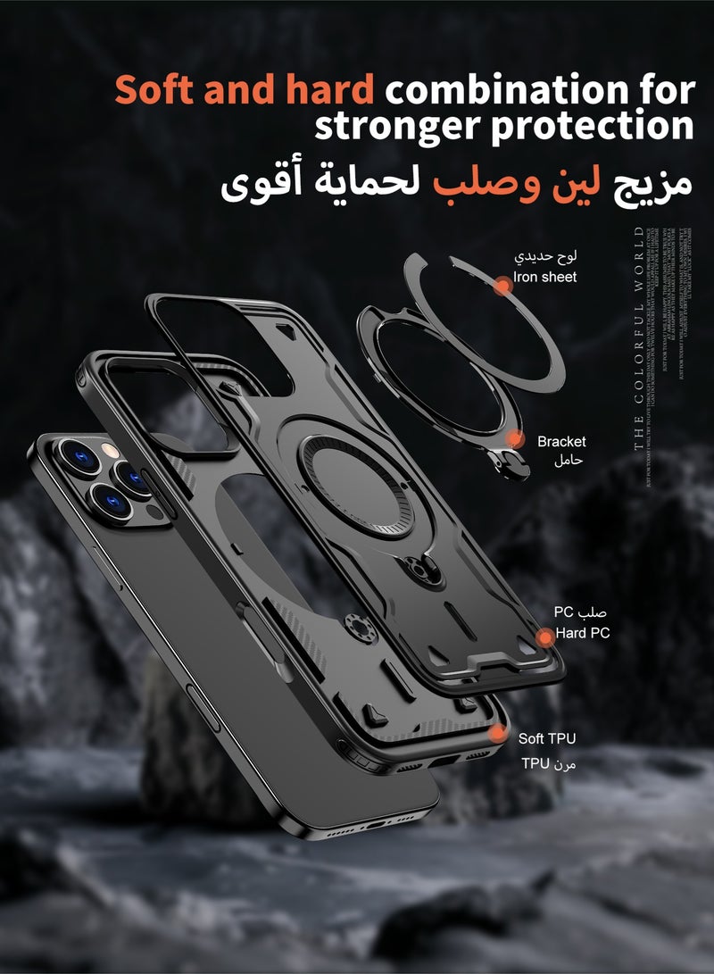 عش زي غلاف آيفون 16 برو ماكس ميكا - مغناطيس MagSafe، حلقة دوارة ٣٦٠°، غطاء واقي ضد السقوط بارتفاع خفيف - أسود (قطعة واحدة) - Image 4