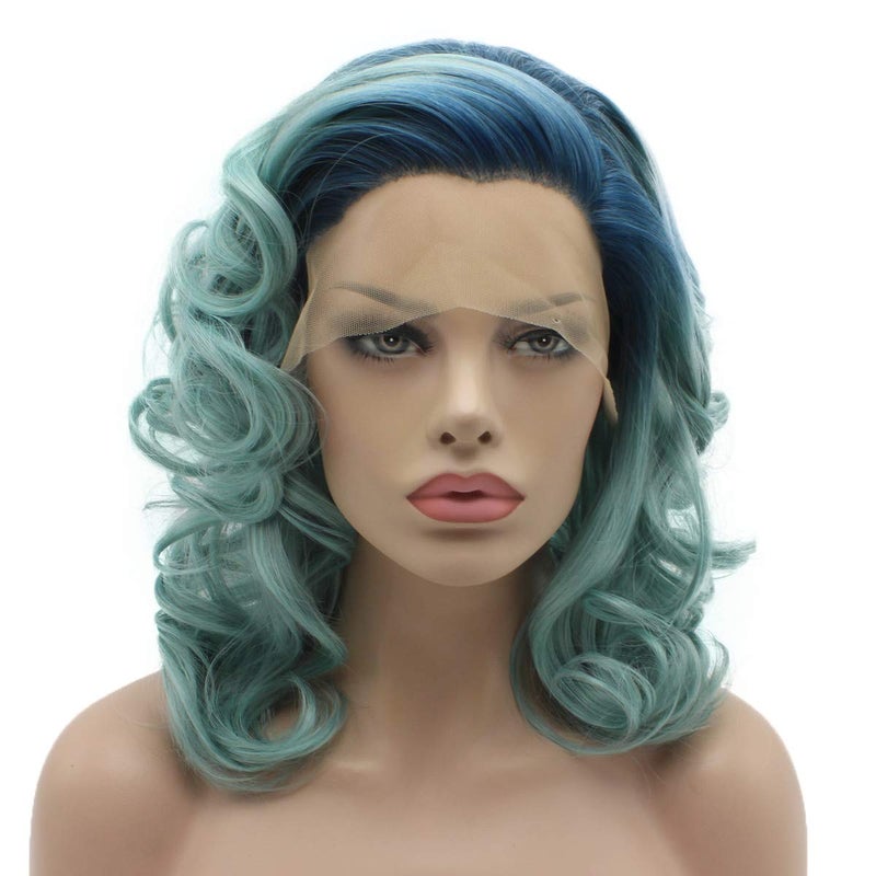 Lushy Lushy Blue Root Light Blue Medium Length 16inch wavy Heat Resistant Heavy Density Realistic Synthetic Lace Front Wig 