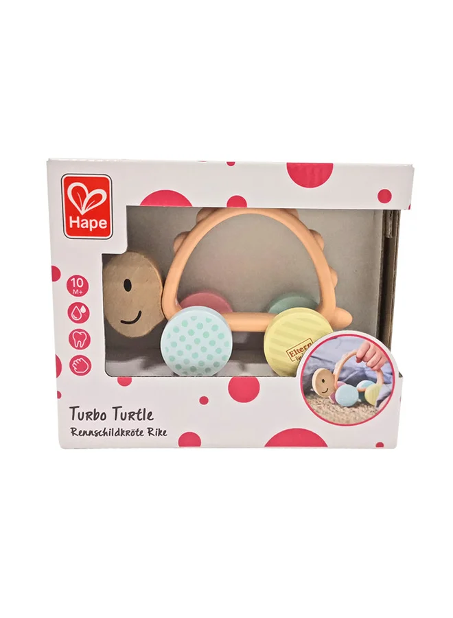 Hape Hape Turbo Turtle Teether & Push-Along Toy | Chew-Safe Silicone Handle & Colorful Patterned Wheels | Motor & Social Skill Development | For 10M+