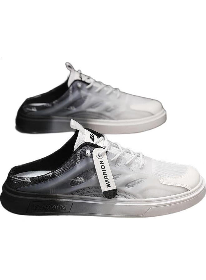 Pull Back Warrior Men'S Summer New Half Slippers Breathable Sandals Lazy One-Foot Casual Board Shoes White Orange/Green Size 42 - Image 3