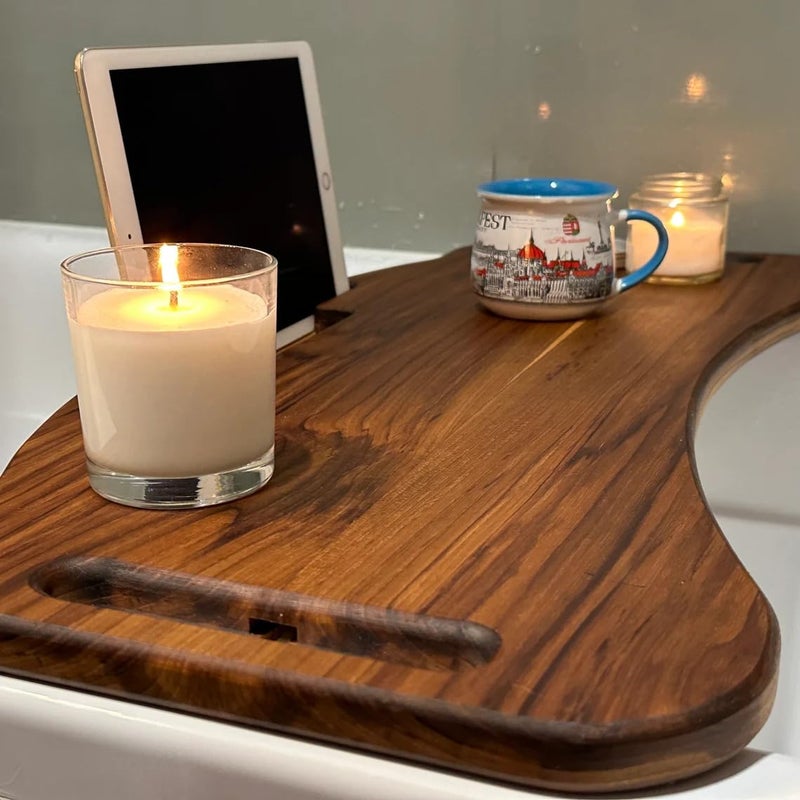 Runam Woods Runam Woods Premium Solid Wood Bathtub TrayCaddy for Bath Accessories Tub Tray TableRack with MobileTablet Holder Sheesham Wood Tub Tray  - Image 2