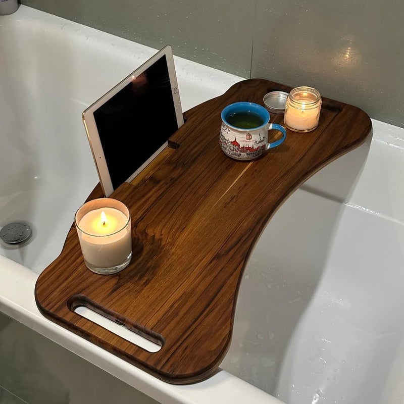 Runam Woods Runam Woods Premium Solid Wood Bathtub TrayCaddy for Bath Accessories Tub Tray TableRack with MobileTablet Holder Sheesham Wood Tub Tray  - Image 1