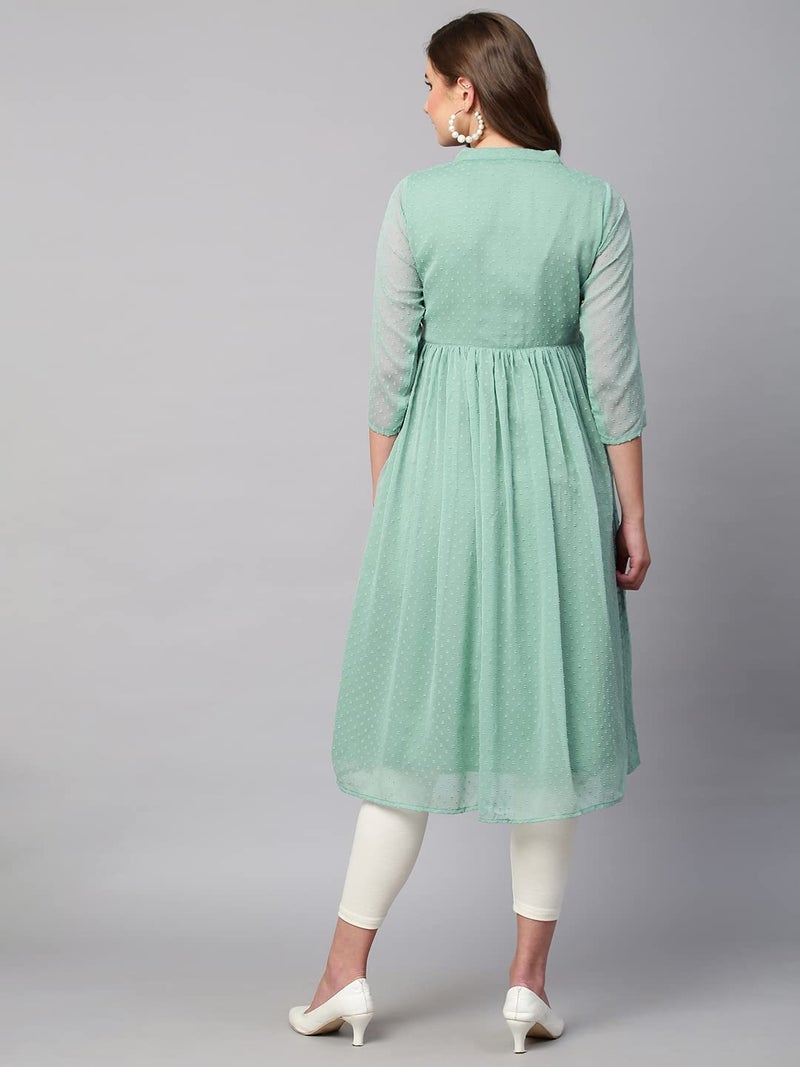 RATAN Women's Green Chiffon Self Design Flared Kurta(TBT-Turq-S), Regular Fit - Image 3
