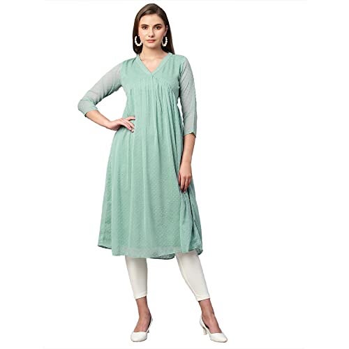RATAN Women's Green Chiffon Self Design Flared Kurta(TBT-Turq-S), Regular Fit - Image 1