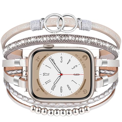 MOFREE Boho Leather Bracelet Compatible with Apple Watch Band 38mm 40mm 41mm Women, Handmade Multilayer Wrap Beaded Jewelry Apple Watch Strap for iWatch Series 10 9 8 7 6 5 4 3 2 1 Silver - Image 1