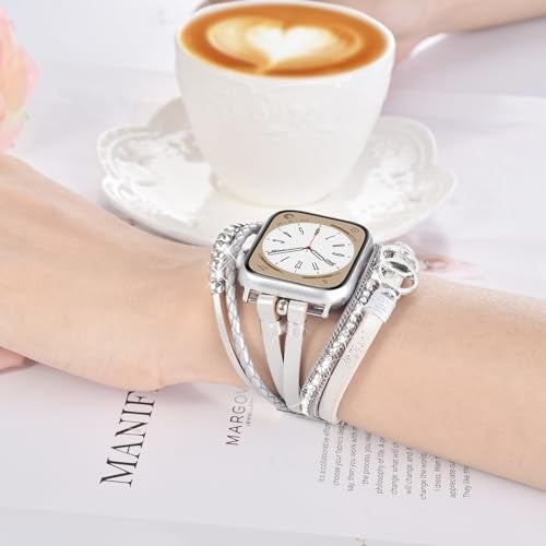 MOFREE Boho Leather Bracelet Compatible with Apple Watch Band 38mm 40mm 41mm Women, Handmade Multilayer Wrap Beaded Jewelry Apple Watch Strap for iWatch Series 10 9 8 7 6 5 4 3 2 1 Silver - Image 2