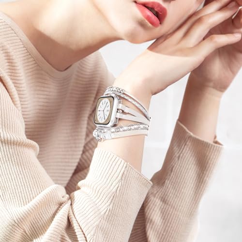 MOFREE Boho Leather Bracelet Compatible with Apple Watch Band 38mm 40mm 41mm Women, Handmade Multilayer Wrap Beaded Jewelry Apple Watch Strap for iWatch Series 10 9 8 7 6 5 4 3 2 1 Silver - Image 5