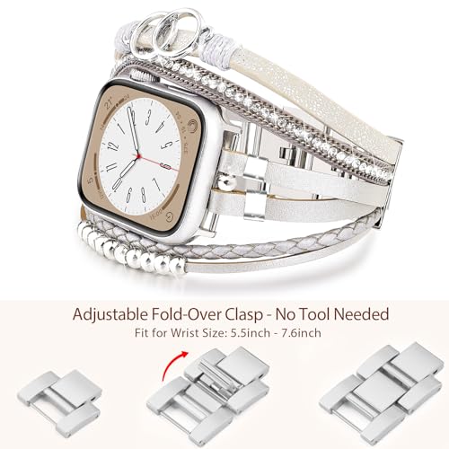 MOFREE Boho Leather Bracelet Compatible with Apple Watch Band 38mm 40mm 41mm Women, Handmade Multilayer Wrap Beaded Jewelry Apple Watch Strap for iWatch Series 10 9 8 7 6 5 4 3 2 1 Silver - Image 3