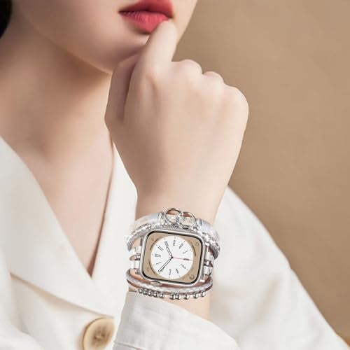 MOFREE Boho Leather Bracelet Compatible with Apple Watch Band 38mm 40mm 41mm Women, Handmade Multilayer Wrap Beaded Jewelry Apple Watch Strap for iWatch Series 10 9 8 7 6 5 4 3 2 1 Silver - Image 4