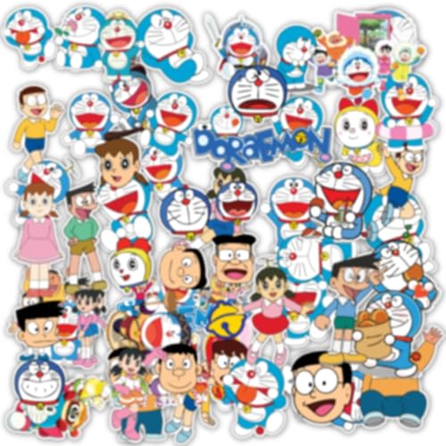 D2C Doraemon Cartoon Stickers Pack, 67 Glitter Finish Decals, 5 cm Random Sizes, for Laptops, Scrapbook, Water Bottles and More - Image 1