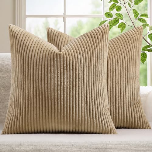 Mecatny Corduroy Summer Decorative Throw Pillow Covers 20x20 Set of 2 for Sofa Living Room Soft Neutral Boho Couch Pillow Covers for Home Decor Khaki - Image 1