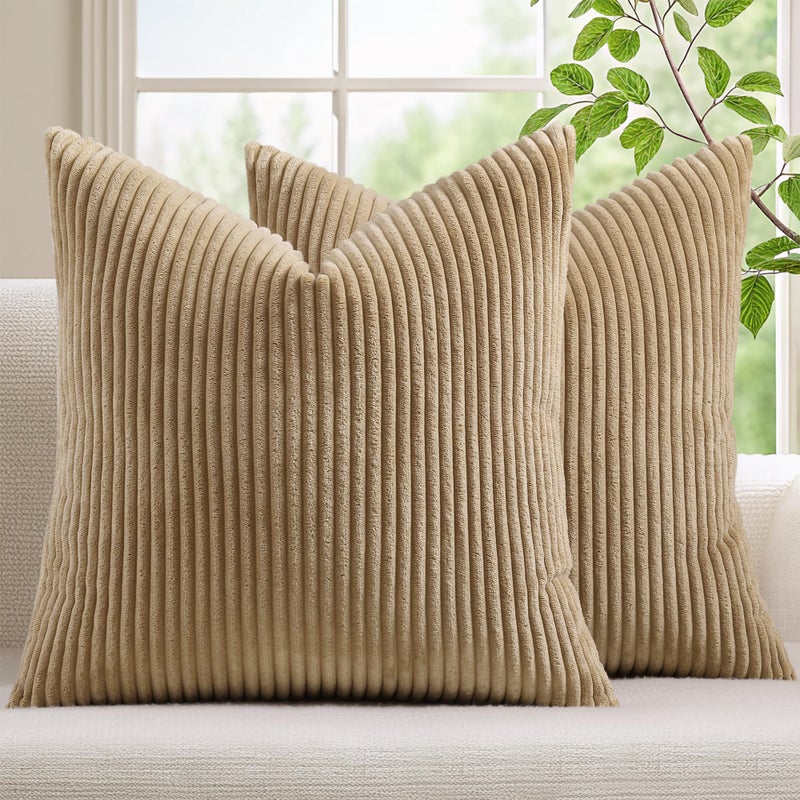 Mecatny Corduroy Summer Decorative Throw Pillow Covers 20x20 Set of 2 for Sofa Living Room Soft Neutral Boho Couch Pillow Covers for Home Decor Khaki - Image 2