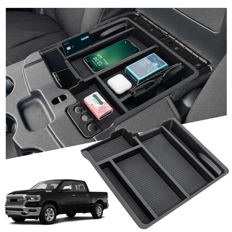 Sinminou Center Console Organizer Compatible with 2013-2024 Dodge RAM (1500/1500 Classic/2500/3500) Accessories, Armrest Storage Box Tray (Only fit for Jump Seat with Three Cup Holders) - Image 1