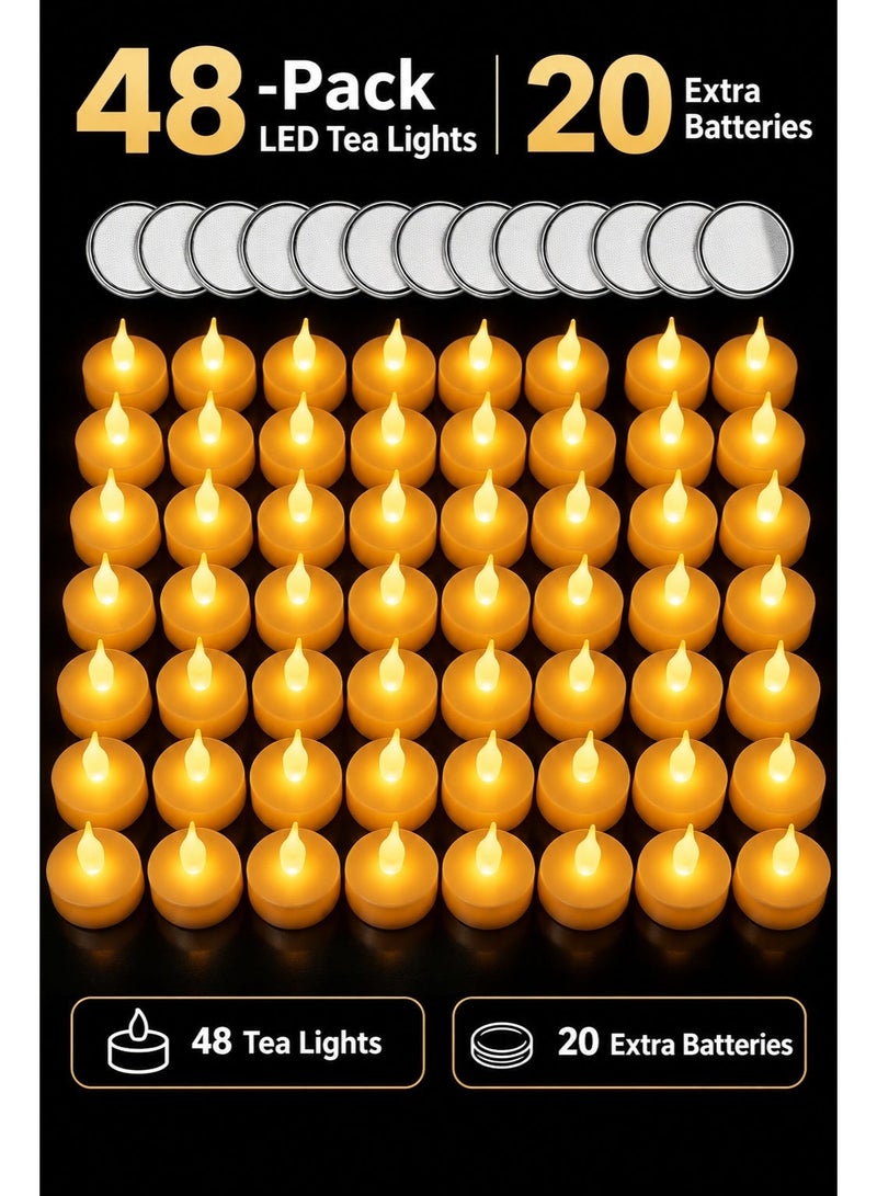 فورثكان طقم 48 شمعة LED تعمل بالبطارية مع 20 بطارية إضافية، شموع بدون لهب تتلألأ طبيعيًا، آمنة وخالية من الدخان والعطر، بطاريات CR2032 متضمنة - Image 1
