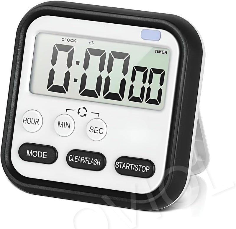 OVIOL مؤقت لساعة الإيقاف للدراسة ومؤقت المطبخ بشاشة LCD كبيرة وعرض رقمي 24 ساعة وحامل قابل للسحب مغناطيسي وإنذار عالٍ وساعة إيقاف وعد تنازلي وضوء وامض ومؤقت للدراسة للطلاب والطبخ (أسود) - Image 1