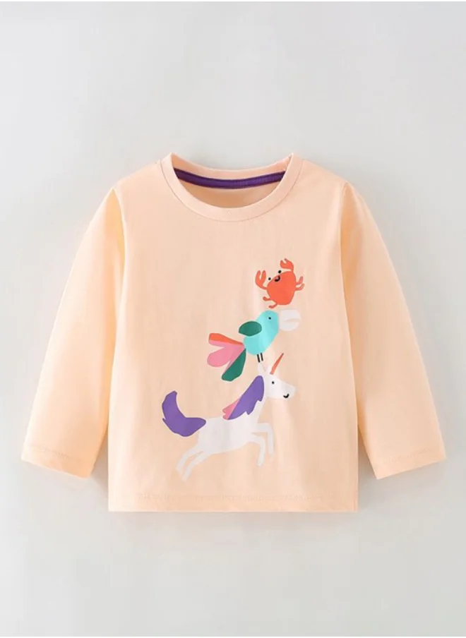 يونيكي Peach Crew Neck Long Sleeve Printed Top