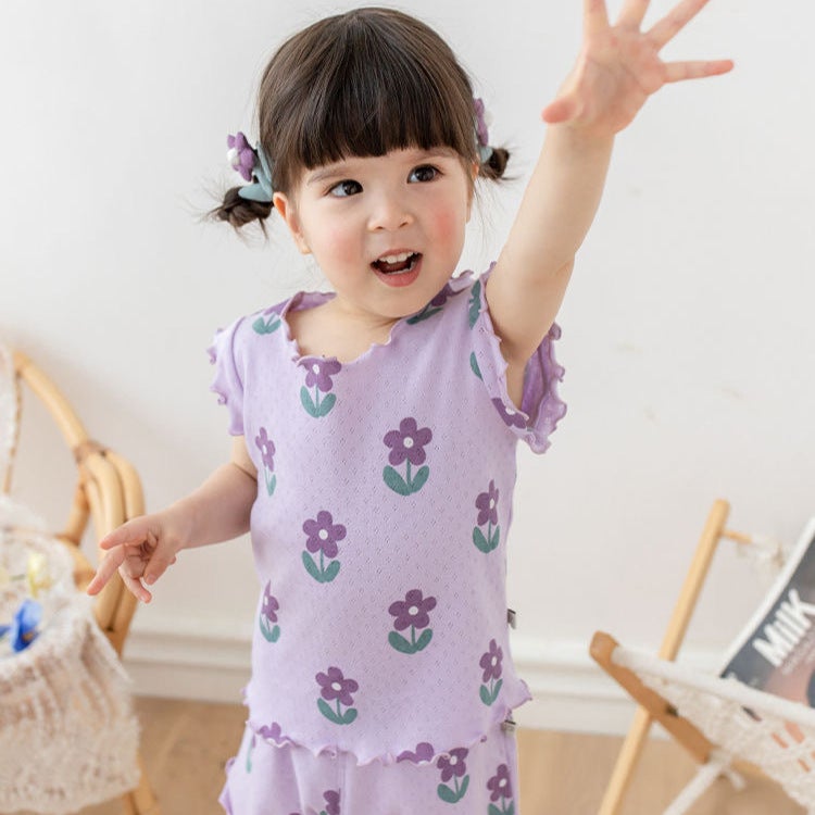 Girls Pajamas Summer Lightweight Printed Dolly Childrens Short-sleeved Shorts Home Clothes Baby Girls Thin Breathable Air-conditioning Clothes Purple bottom flower [suit]] 