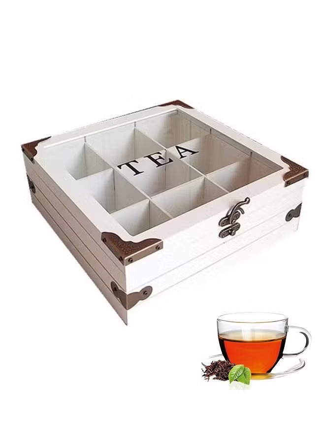 فلاي رود خزانة تخزين أكياس الشاي الخشبية - صندوق تنظيم أكياس الشاي - صندوق تنظيم أكياس الشاي 9 مقصورات حامل قهوة شاي متين وأنيق تخزين متعدد الوظائف للمنزل ديكور - Image 1