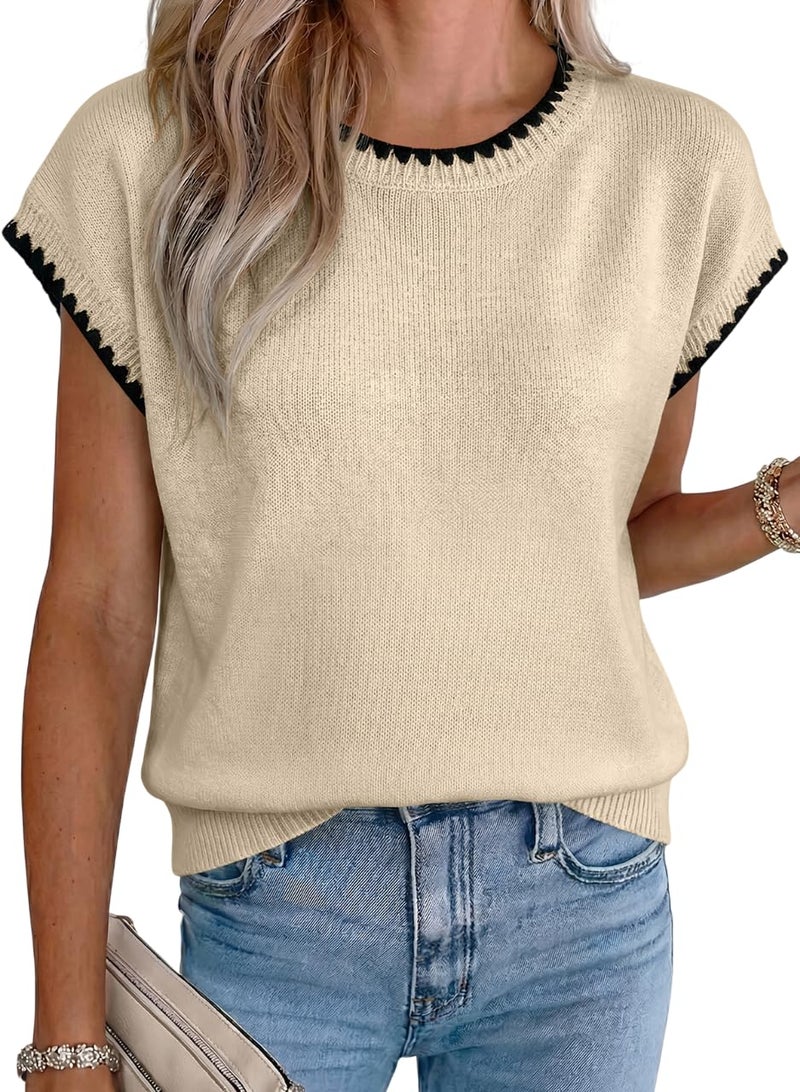 Acelitt Women's Contrast Ruffle Trim Knit Top Crew Neck Cap Sleeve Lightweight Sweater Vest Casual Loose Fit Pullover Blouse for Summer Office Daily Beige X-Large - Image 1