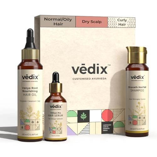 Vedix Customized Hair Fall Control For Normal/Oily - Dry Scalp & Curly Hair-3 Product Kit-Anti Hair Fall Oil Fenugreek + Sesamum & Shampoo - Hair Growth Serum, Off White - Image 1