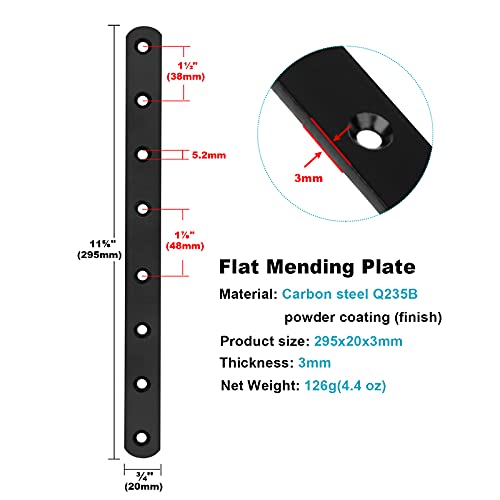 MOUNTAIN_ARK 10 Pack 11-5/8" Black Steel Flat Mending Plate for Wood, Long Repairing Straight Brackets, 3/4" Width - Image 2