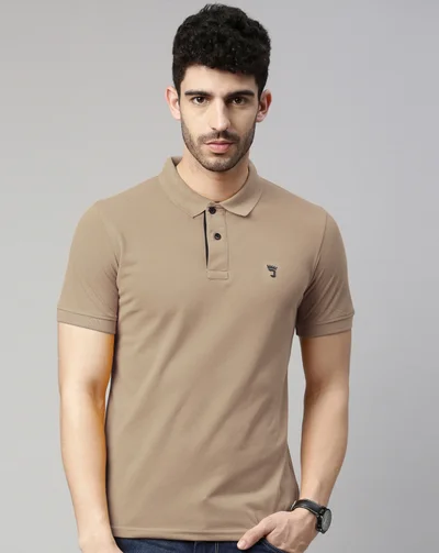 Joven Men Beige Solid Polo Collar Pure Cotton T-Shirt