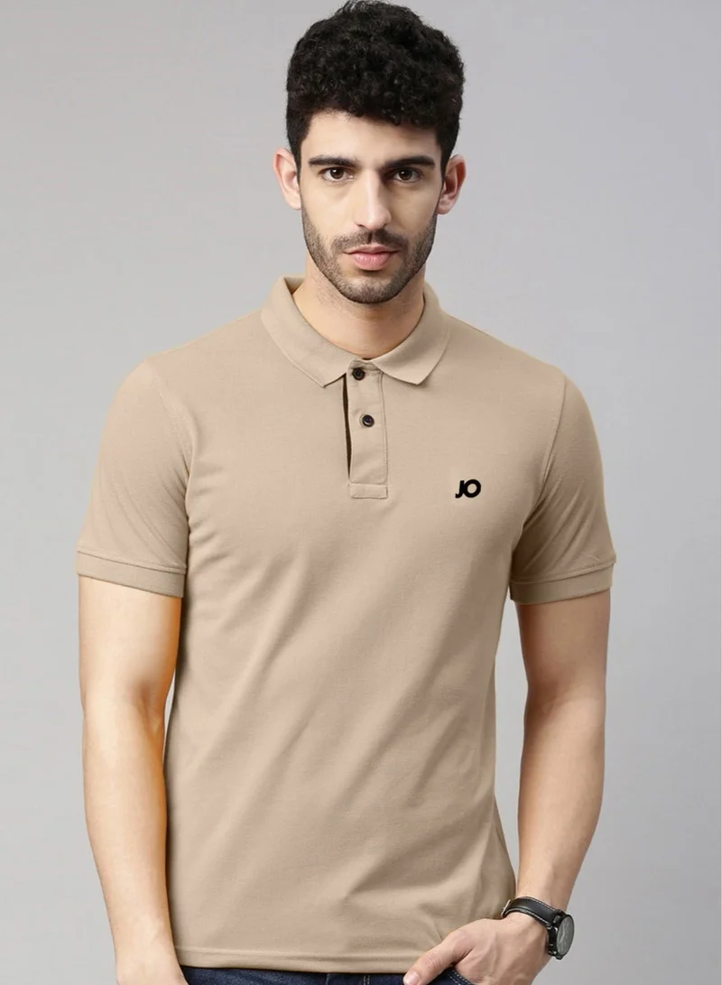 Joven Men Beige Solid Polo Collar Pure Cotton T-Shirt
