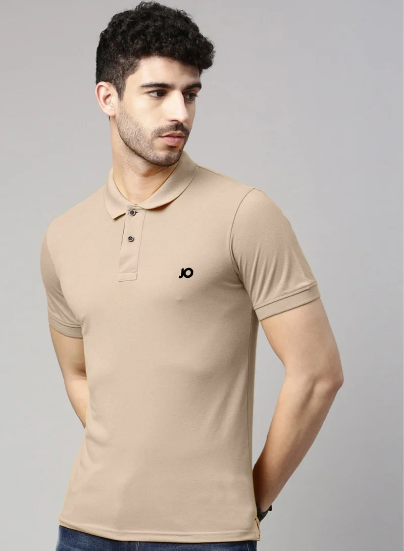 Joven Men Beige Solid Polo Collar Pure Cotton T-Shirt