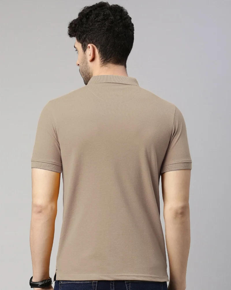 Joven Men Beige Solid Polo Collar Pure Cotton T-Shirt