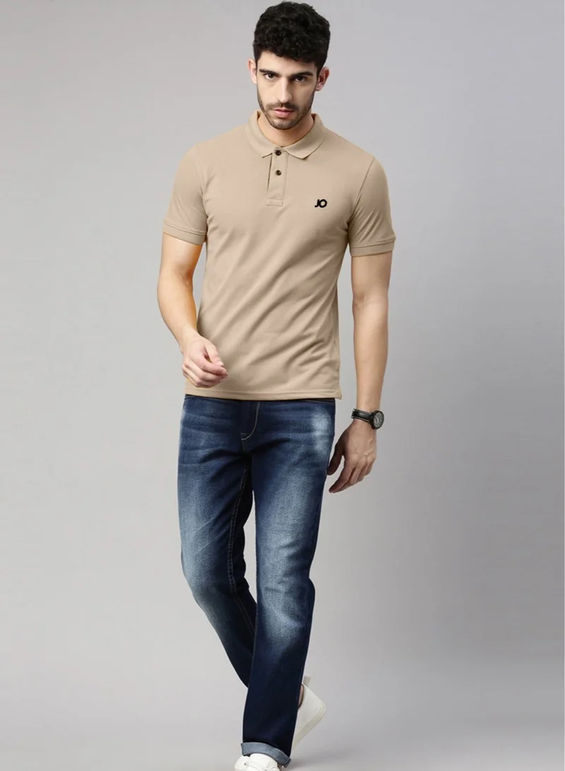 Joven Beige Men Beige Solid Polo Collar Pure Cotton T-Shirt for Men | Best Price UAE
