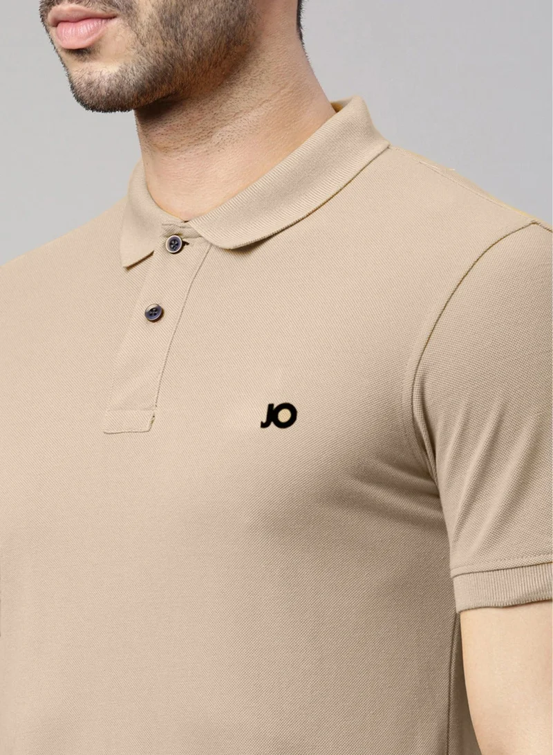 Joven Beige Men Beige Solid Polo Collar Pure Cotton T-Shirt for Men | Best Price UAE