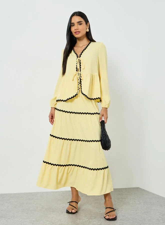 Take Two Yellow Ric-Rac Trim Tie-Up Top and Tiered Maxi Skirt Co-ords