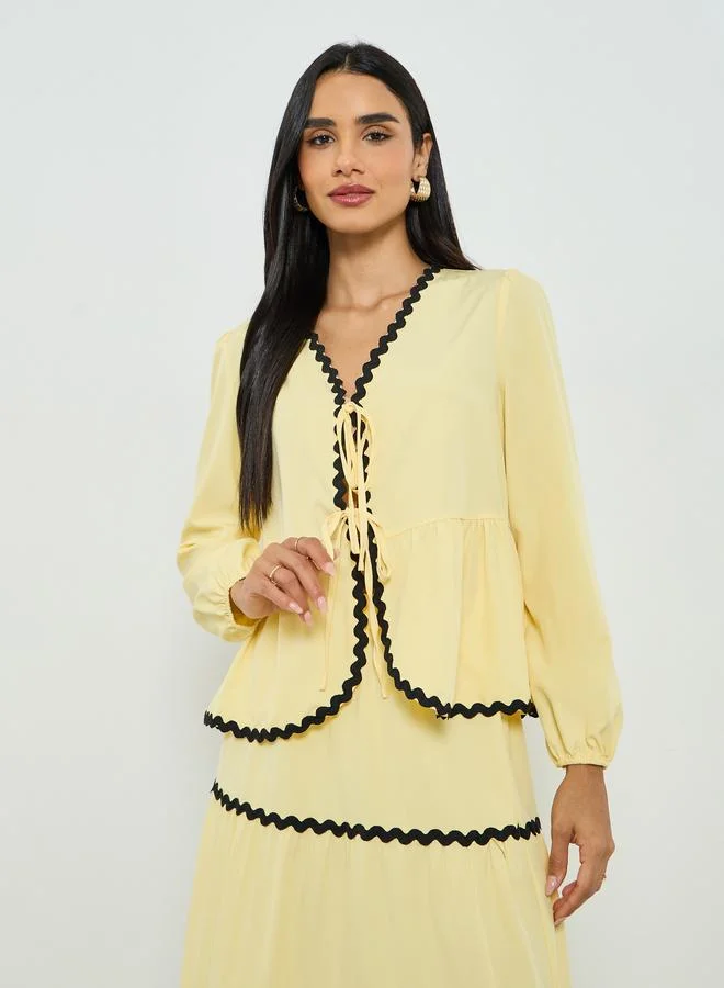 Take Two Yellow Ric-Rac Trim Tie-Up Top and Tiered Maxi Skirt Co-ords