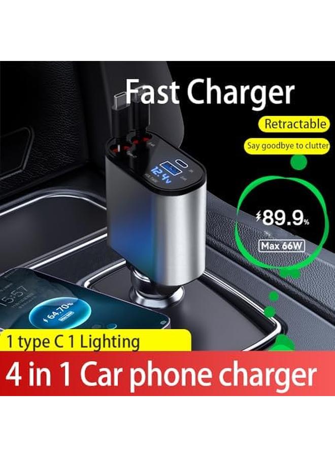 erorex Retractable Car Charger 4 In 1 Fast Car Phone Charger 60W Retractable Cables And Usb Car Charger Compatible With Iphone 15 14 13 12 11 Galaxy 1Lighting 1Typec - Image 3