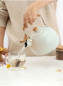 LOOPITYS 2.5 Liter Whistling Tea Kettle, Food Grade Stainless Steel Teapots for Stove Top with Ergonomic Wood Pattern Handle, Loud Whistle Tea Pot for Coffee Tea (Color : White, Size : 2.5L)  - Image 2