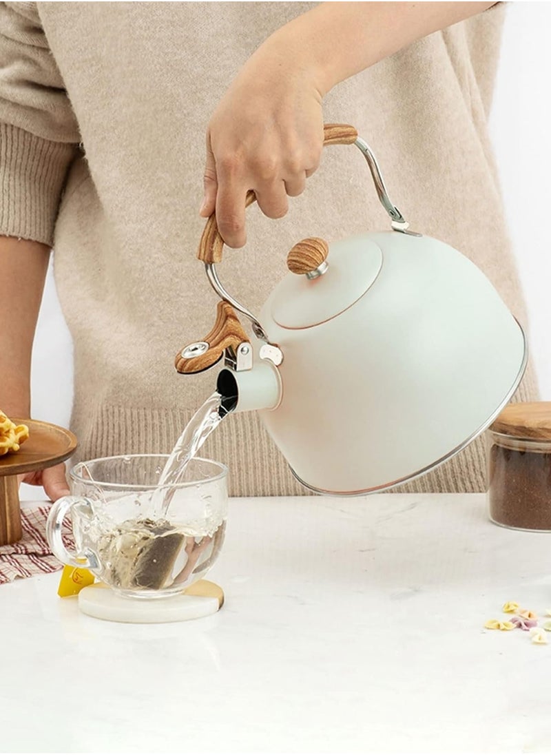 LOOPITYS 2.5 Liter Whistling Tea Kettle, Food Grade Stainless Steel Teapots for Stove Top with Ergonomic Wood Pattern Handle, Loud Whistle Tea Pot for Coffee Tea (Color : White, Size : 2.5L)  - Image 2
