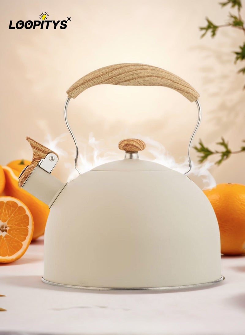 LOOPITYS 2.5 Liter Whistling Tea Kettle, Food Grade Stainless Steel Teapots for Stove Top with Ergonomic Wood Pattern Handle, Loud Whistle Tea Pot for Coffee Tea (Color : White, Size : 2.5L) - Image 1