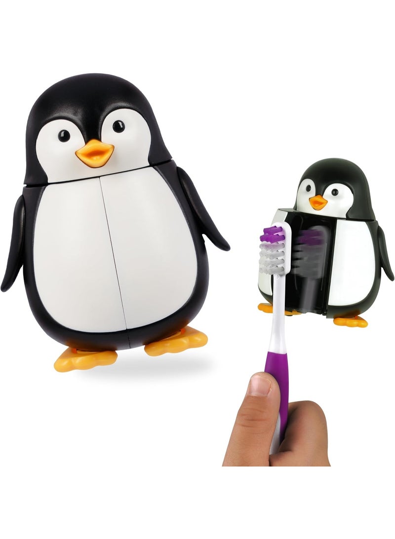Flipper Hygienic Kids Toothbrush Holder with Suction Cups, High Quality & Patented Design, One Touch Open & Close, For Home or Travel, Fun Animal Penguin, 3Y+ - Image 1