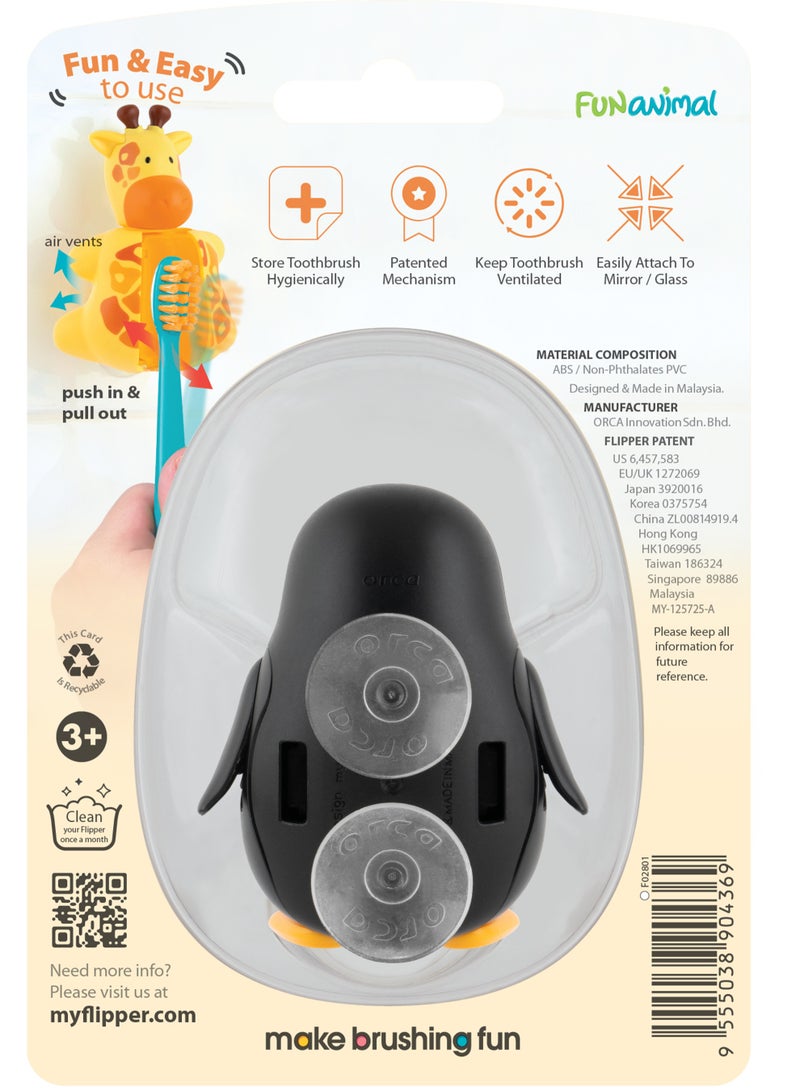 Flipper Hygienic Kids Toothbrush Holder with Suction Cups, High Quality & Patented Design, One Touch Open & Close, For Home or Travel, Fun Animal Penguin, 3Y+ - Image 3
