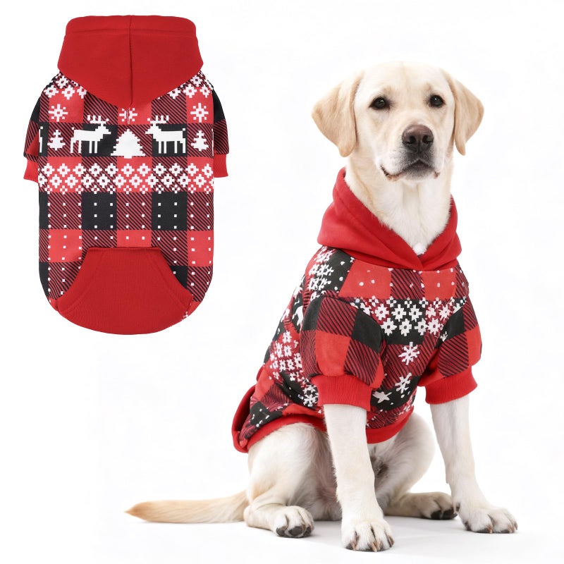 KOOLTAIL Christmas Dog HoodieRed Plaid Pet Clothes Sweater with Leash HolePocket for Small Medium Large Dogs Soft Winter Warm Dog Cold Weather Coat Fleece Puppy Hooded Sweatshirt for Boys GirlsXL - Image 2